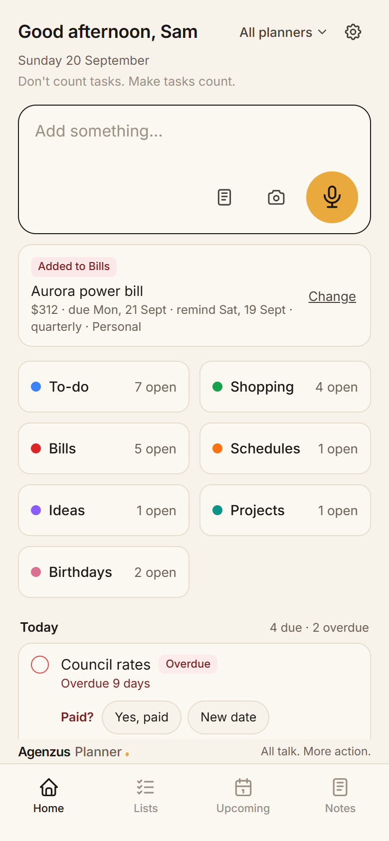 Home screen with a bill just filed and Today underneath