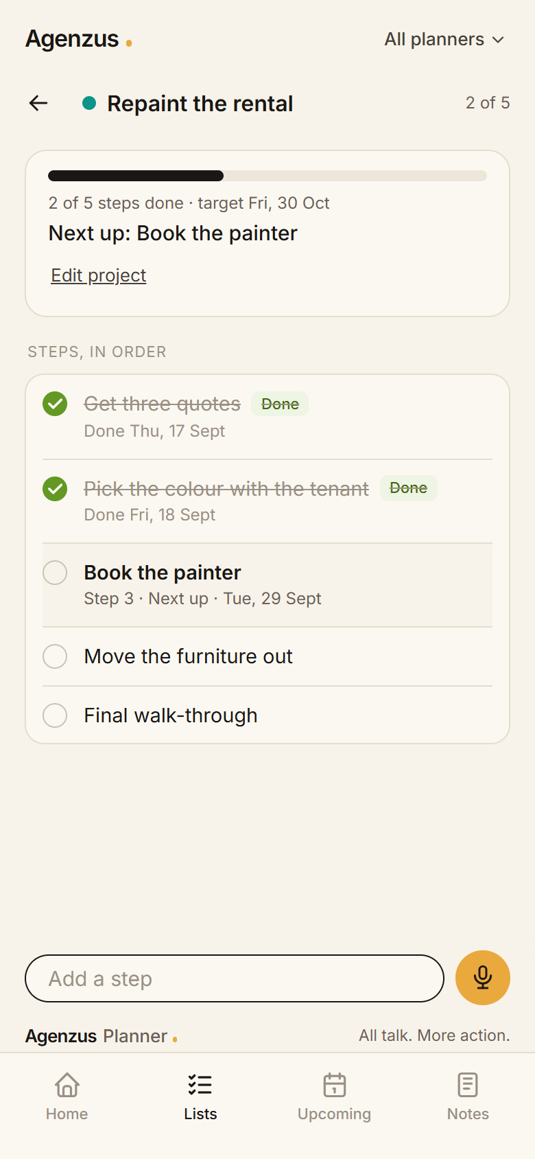 A project with its steps in order and the next one marked